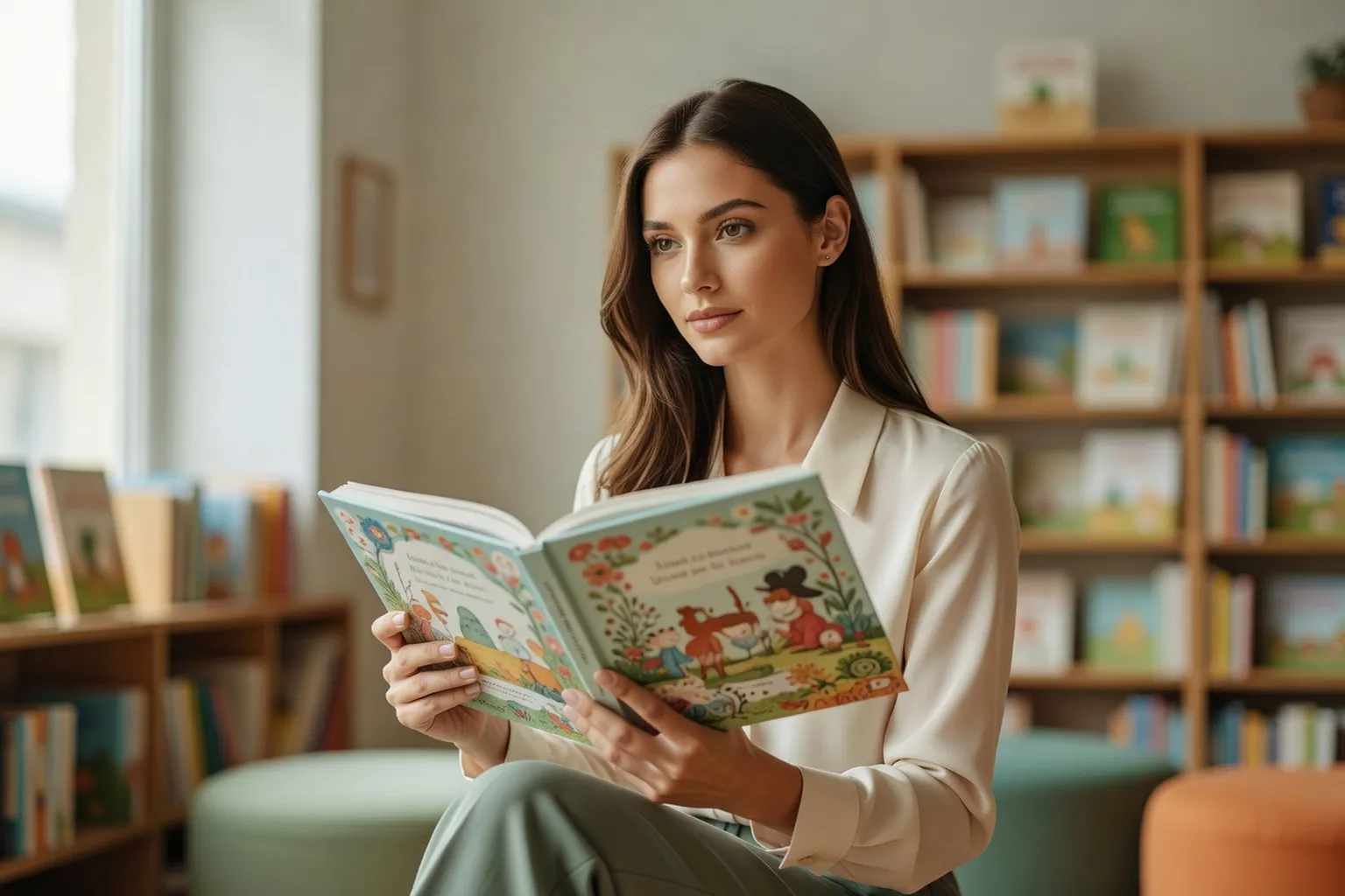 Une jeune femme examinant la double page d'un album illustré en librairie
