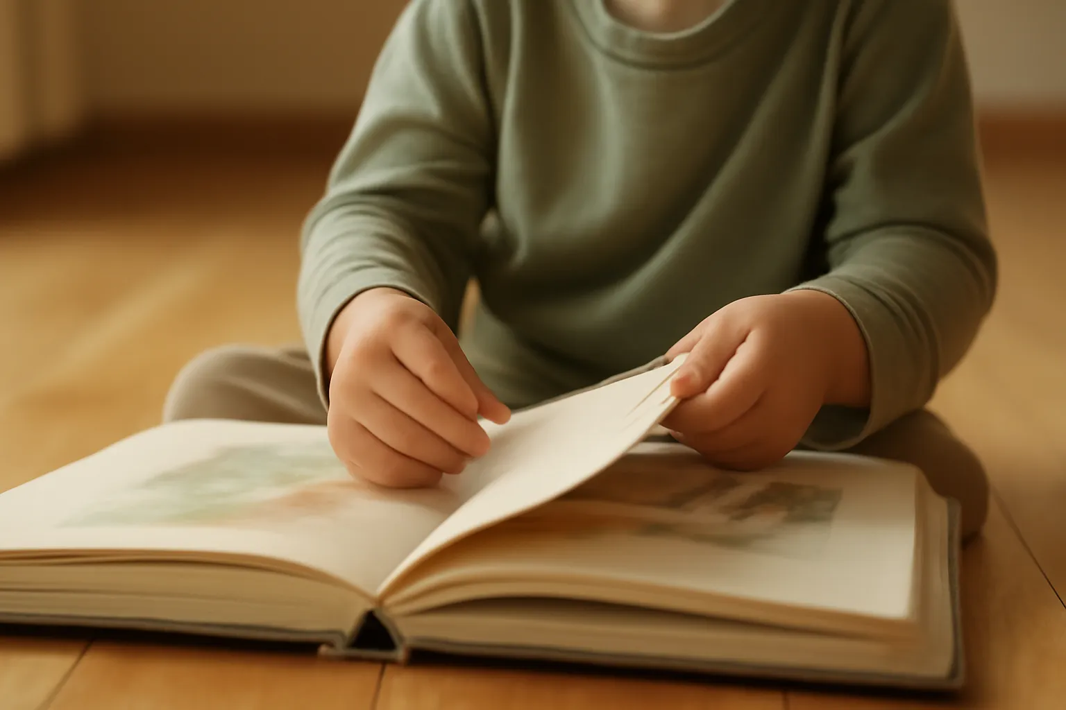 Les mains d'un enfant tournant la page épaisse d'un album cartonné
