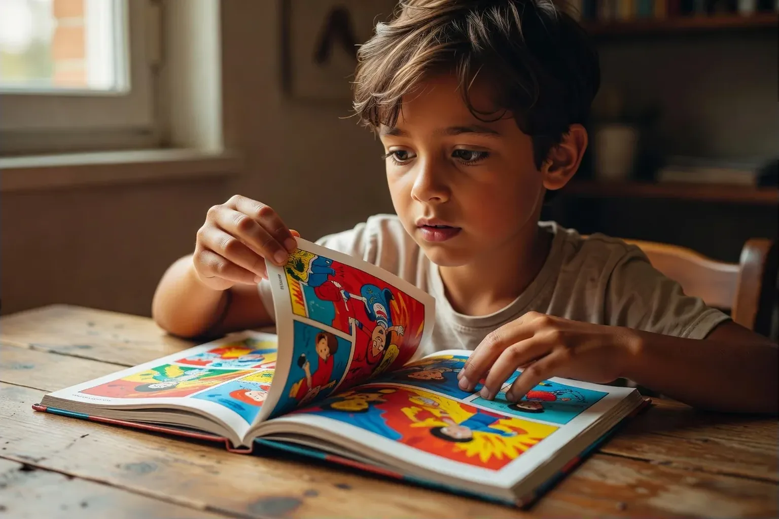 Un enfant d'environ dix ans tournant la page d'une bande dessinée colorée à une table en bois