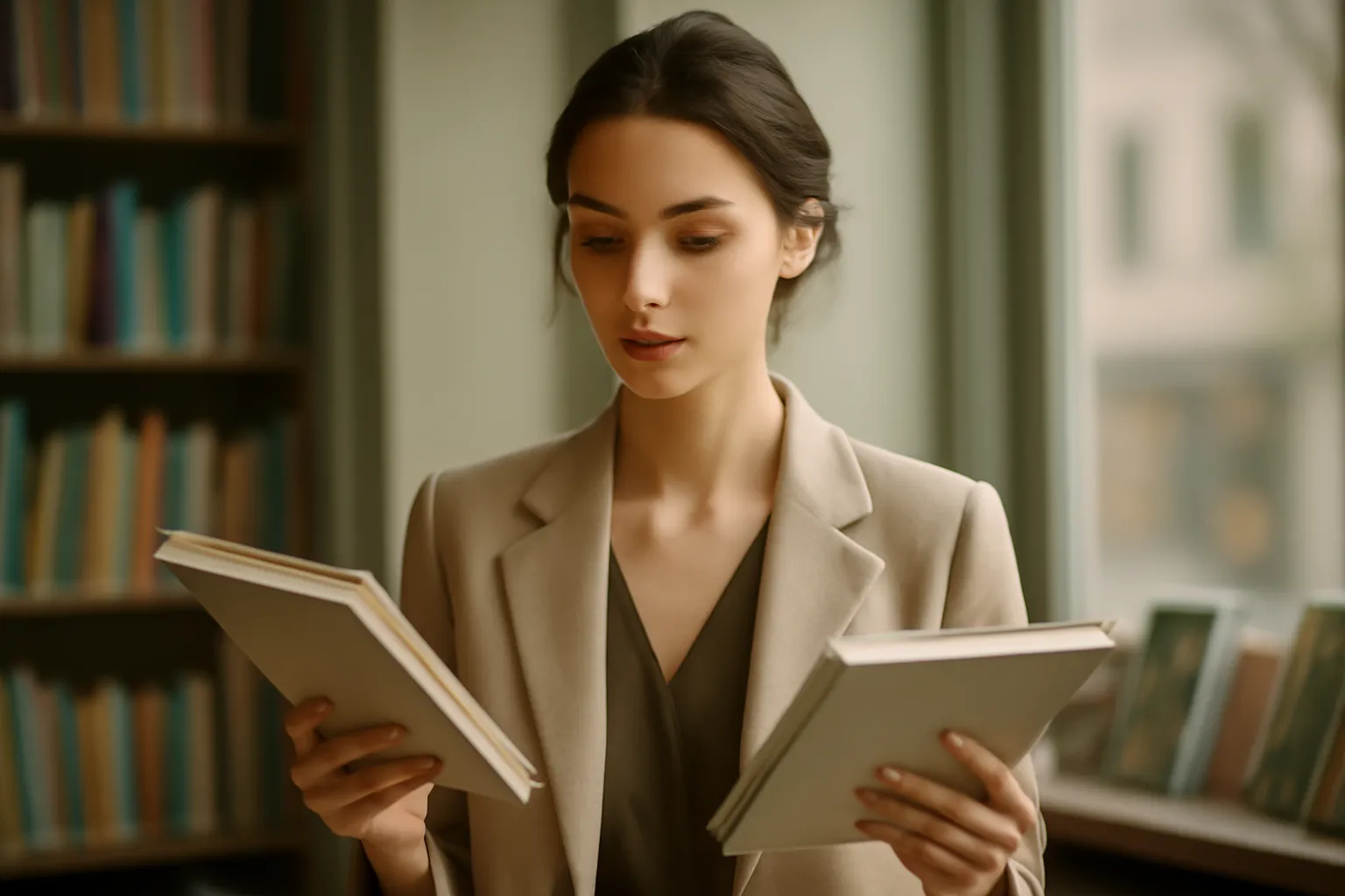 Une jeune femme comparant deux livres pour enfants en librairie