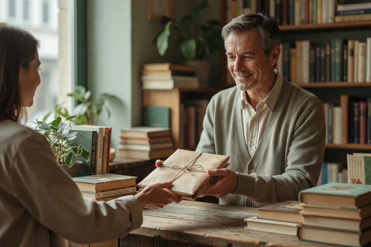 Une libraire remettant un livre jeunesse emballé à une cliente