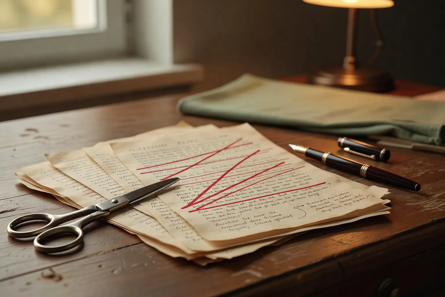 Des pages de manuscrit annotées au crayon rouge, une paire de ciseaux posée à côté