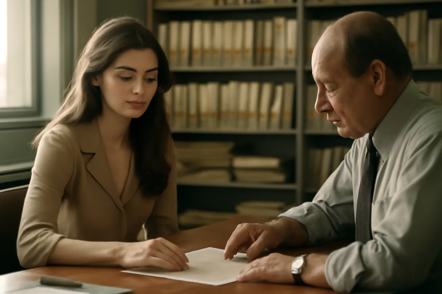 Une autrice et son éditeur examinant ensemble une page de manuscrit dans un bureau d'édition