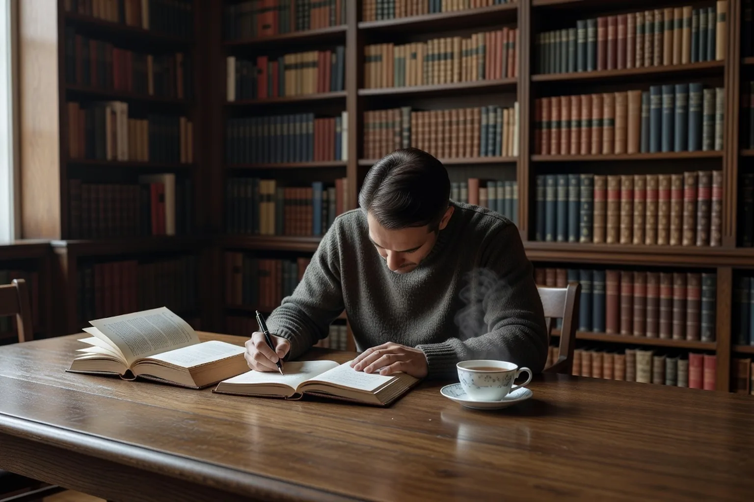 Un lecteur prenant des notes dans un carnet à côté d'un roman ouvert et d'une tasse de thé sur une table de bibliothèque