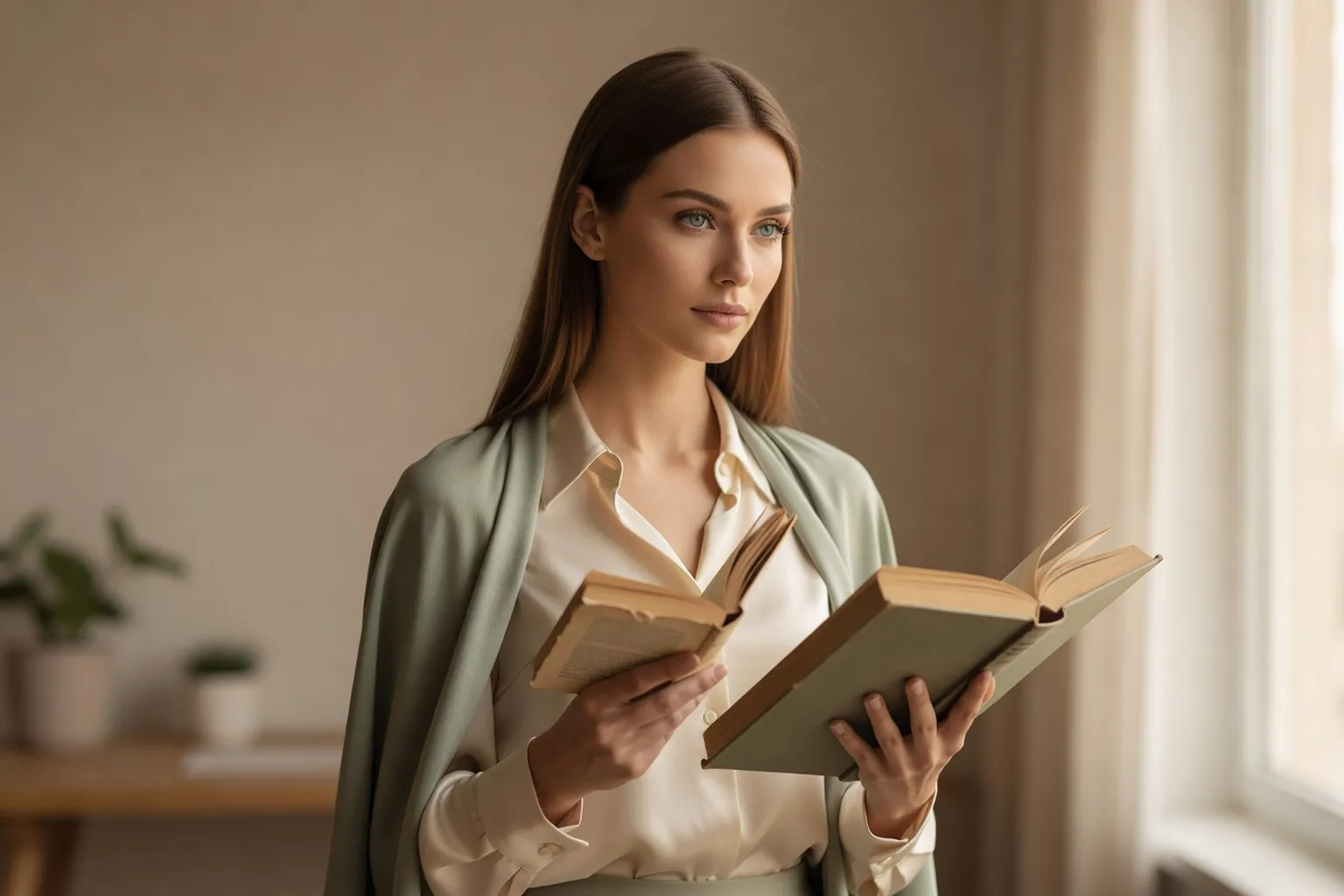 Une lectrice comparant un livre de poche et un grand format