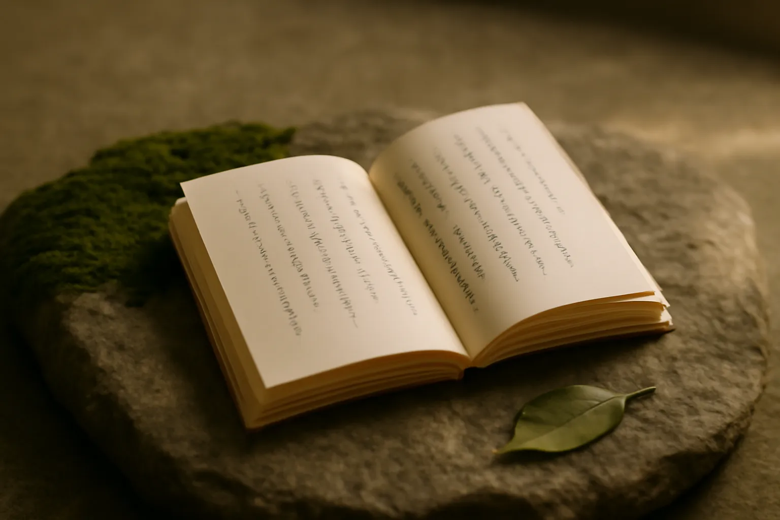 Un recueil de poésie japonaise ouvert sur une pierre, près d'une feuille