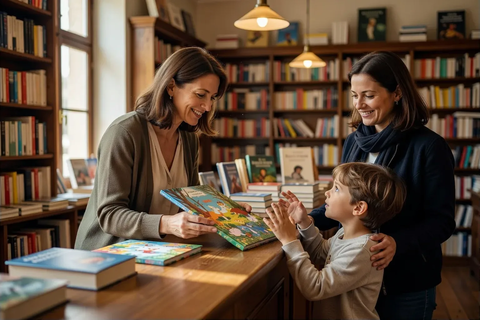 La libraire tendant un album à un enfant accompagné de sa mère au comptoir de la librairie
