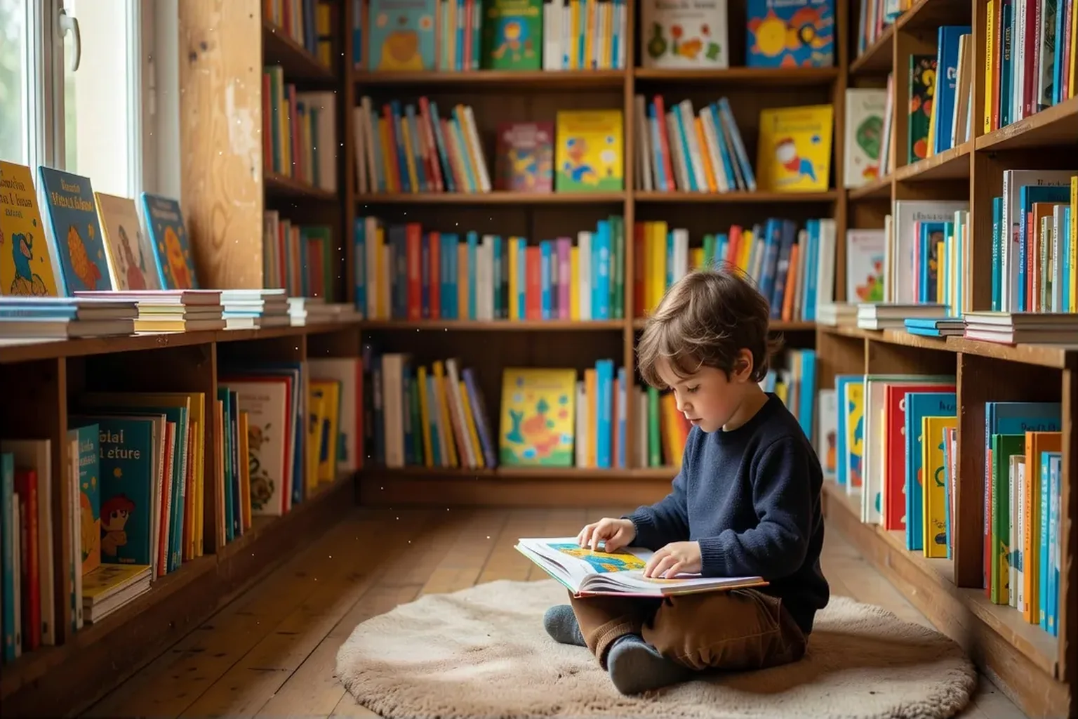 Le coin jeunesse d'une librairie indépendante, rayonnages bas et enfant lisant sur un tapis