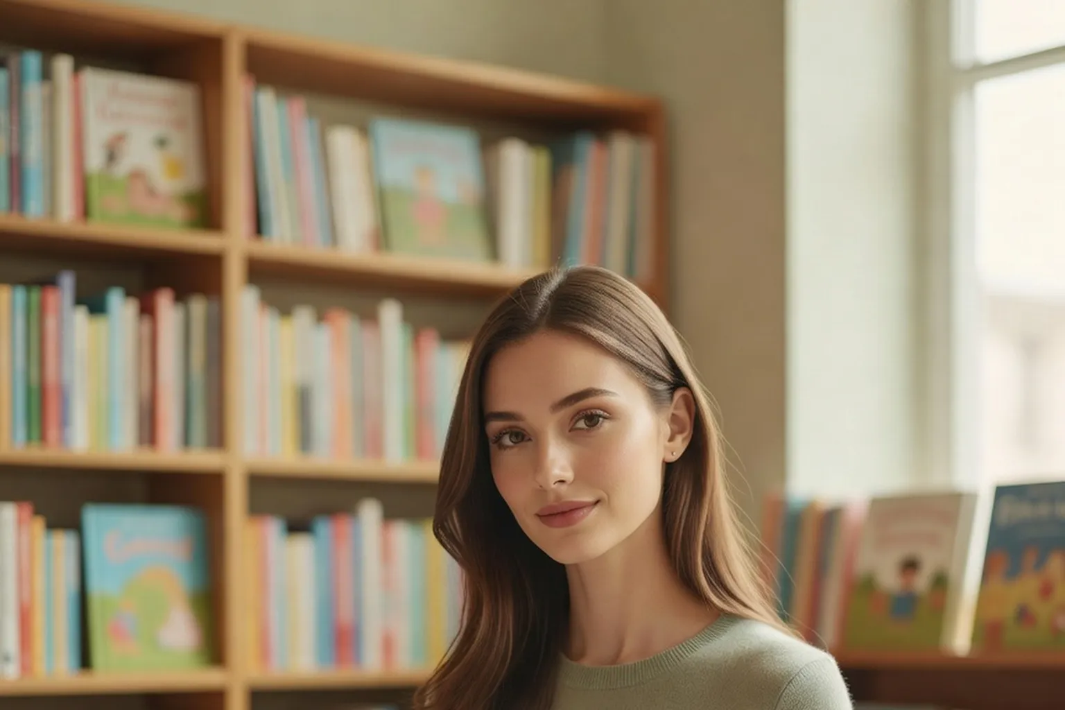 Une jeune femme feuilletant un album illustré grand format dans une librairie jeunesse