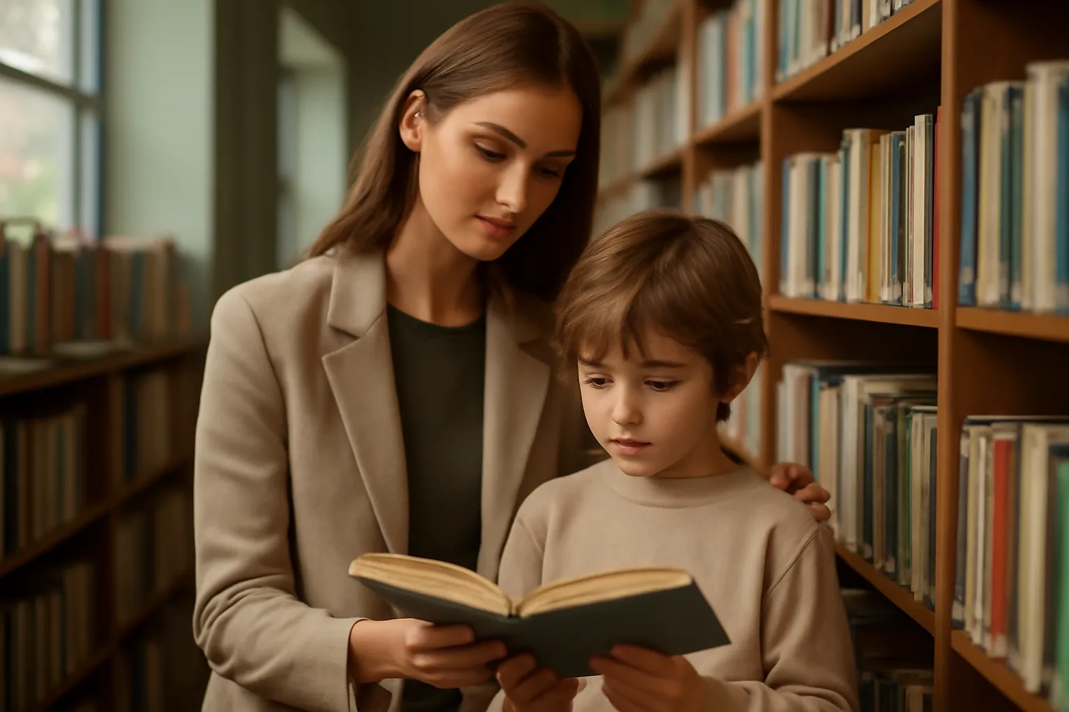 Une lectrice accompagnant un enfant dans le choix d'un roman en bibliothèque