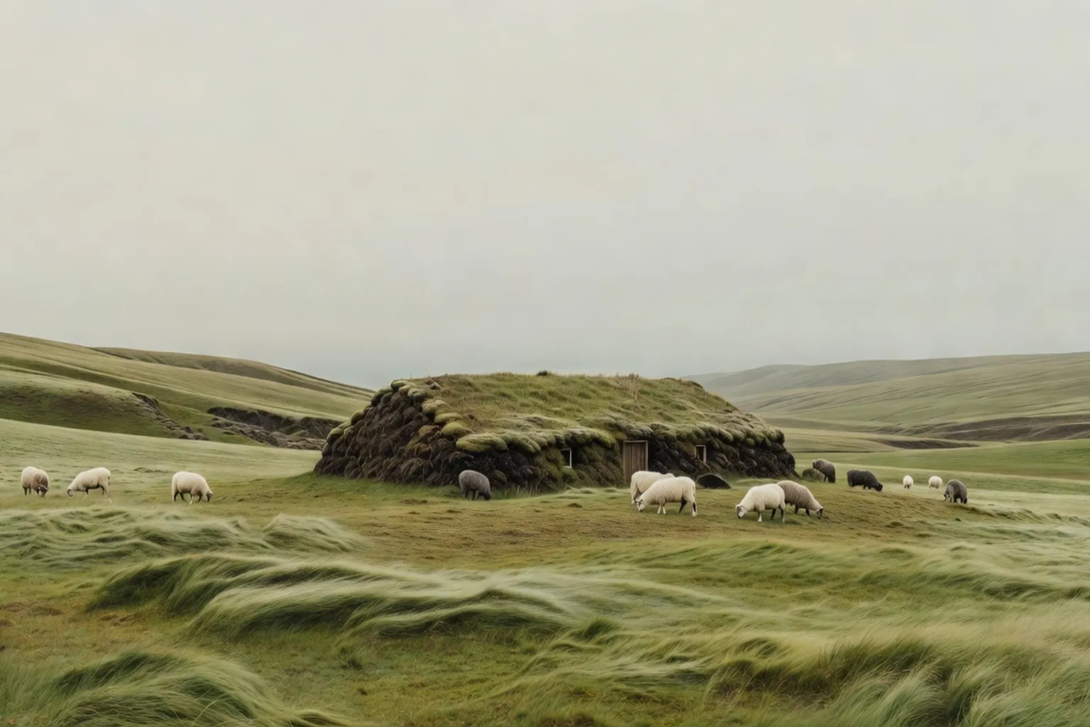 Une ferme isolée dans une vallée islandaise, quelques moutons sur la pente
