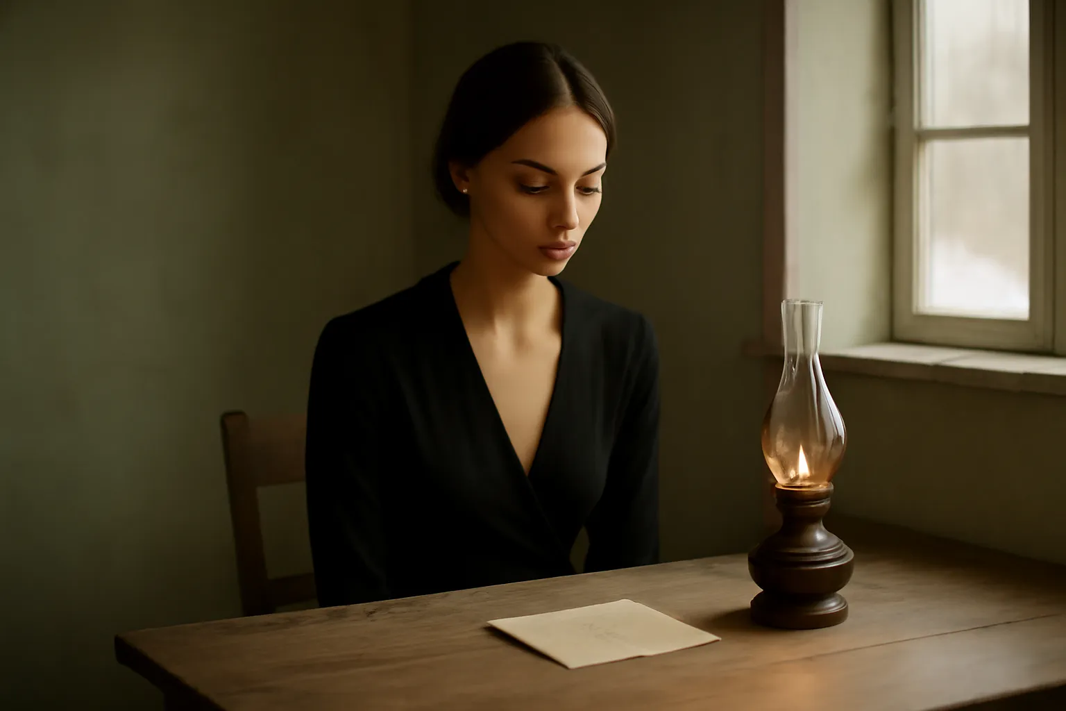 Une femme seule à une table de cuisine dans une ferme, une lettre pliée devant elle