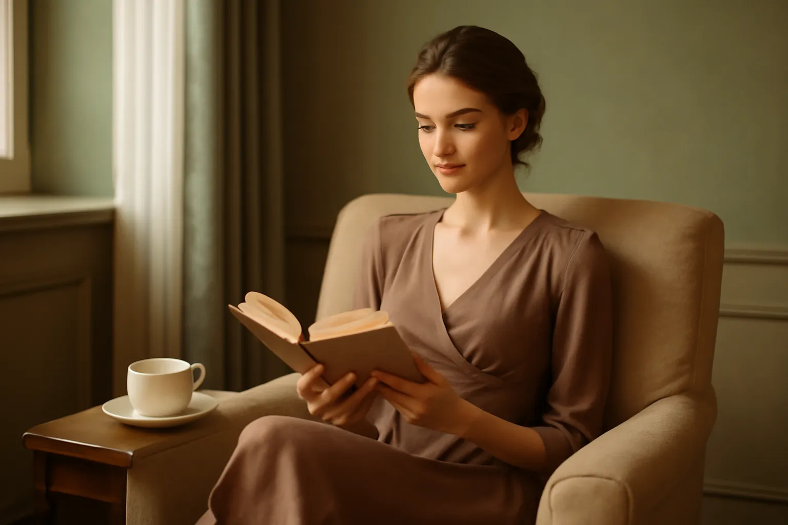Une femme installée dans un fauteuil, absorbée par un roman, une tasse de thé à côté d'elle