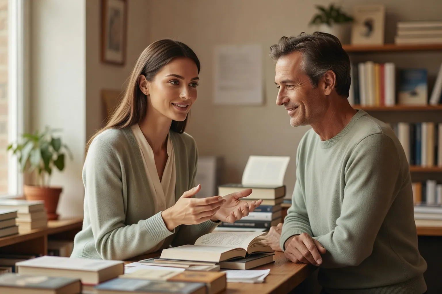 Une lectrice décrivant à une libraire un livre qu'elle a aimé