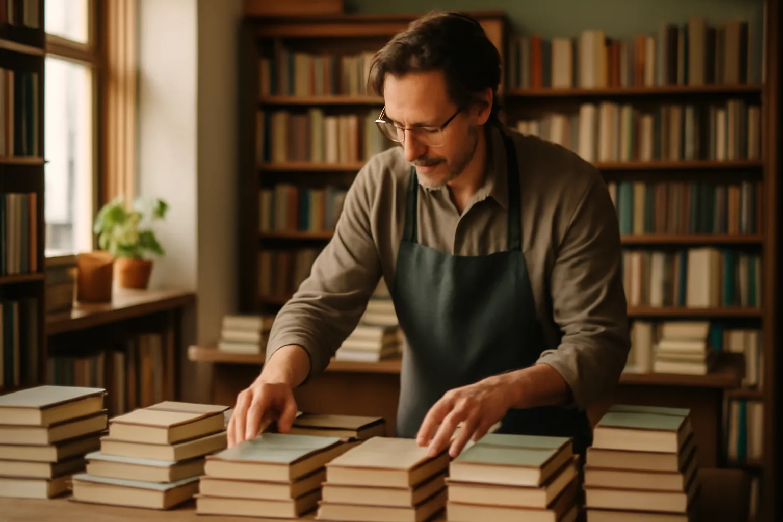 Une libraire disposant une sélection sur la table d'une librairie indépendante