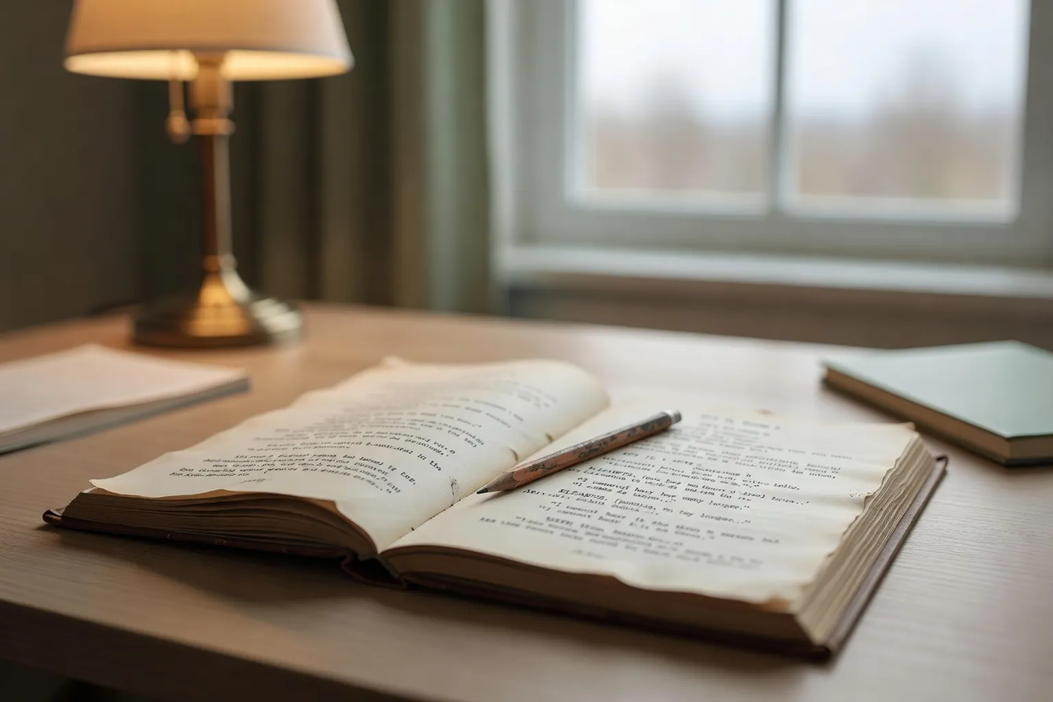 Un texte de théâtre ouvert sur une table, un crayon marquant un passage