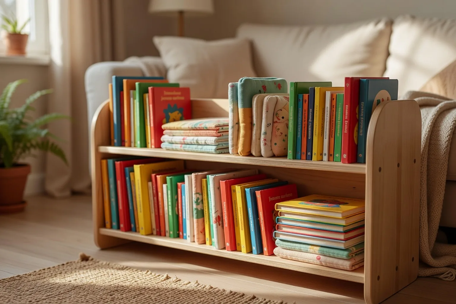 Des albums jeunesse cartonnés et livres en tissu rangés sur une étagère basse à hauteur d'enfant