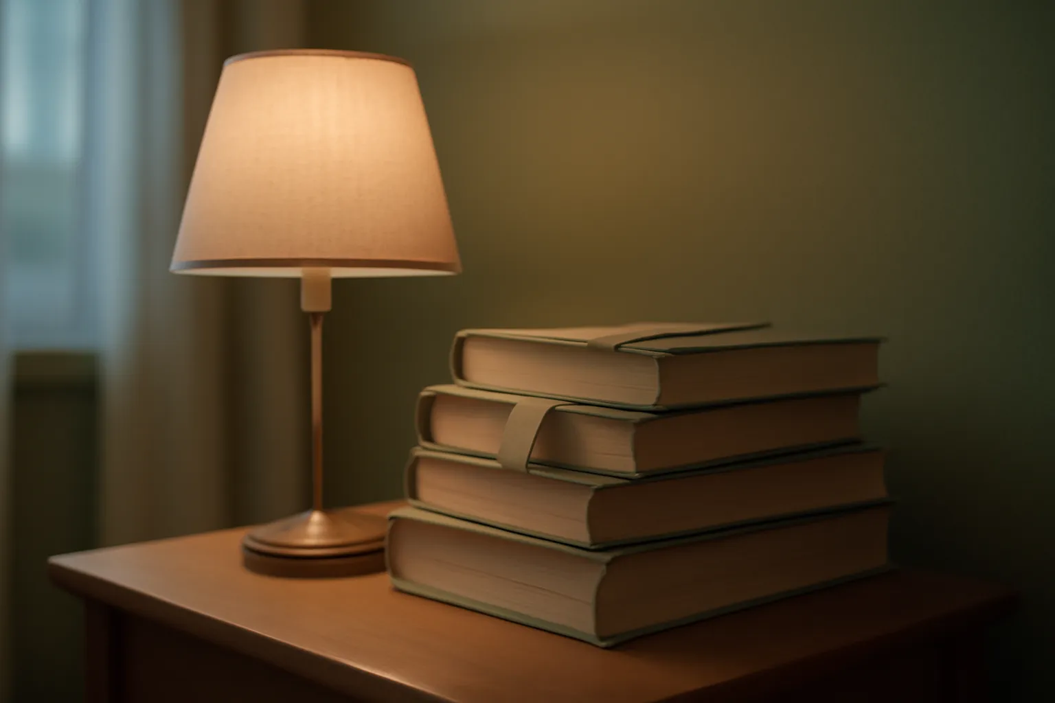 Une table de chevet avec une pile de livres commencés et des marque-pages