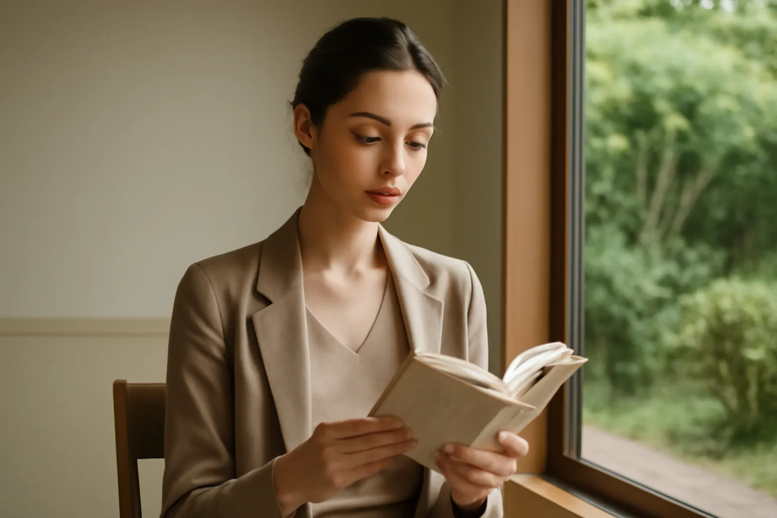 Une lectrice absorbée dans un roman japonais près d'une baie vitrée