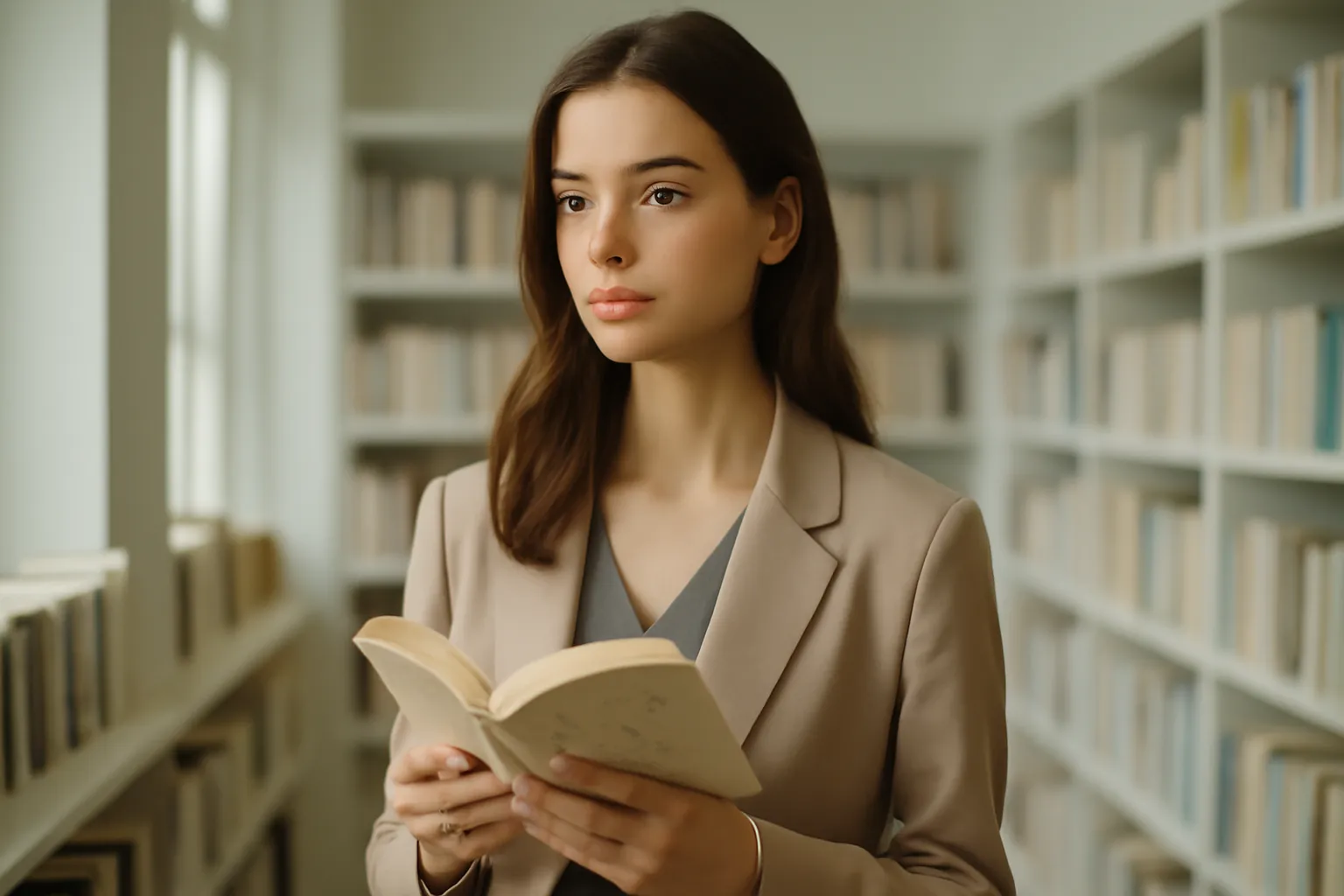 Une lectrice tenant un roman japonais contemporain en librairie