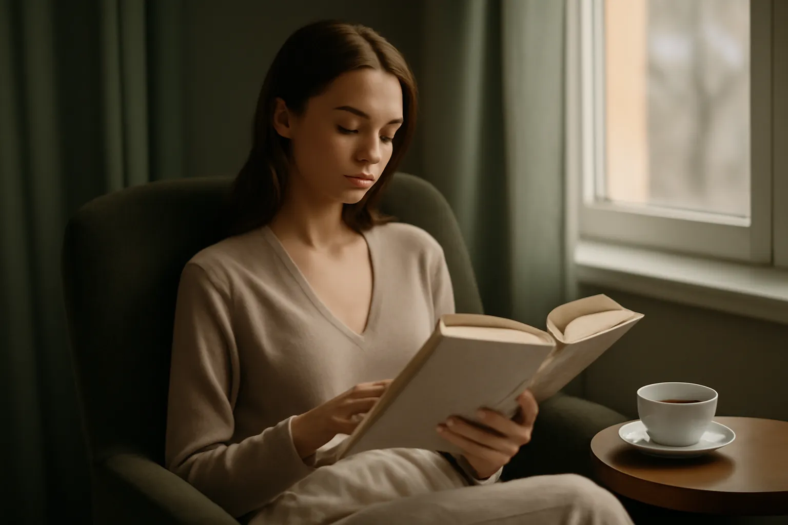 Une lectrice installée dans un fauteuil avec un roman russe épais
