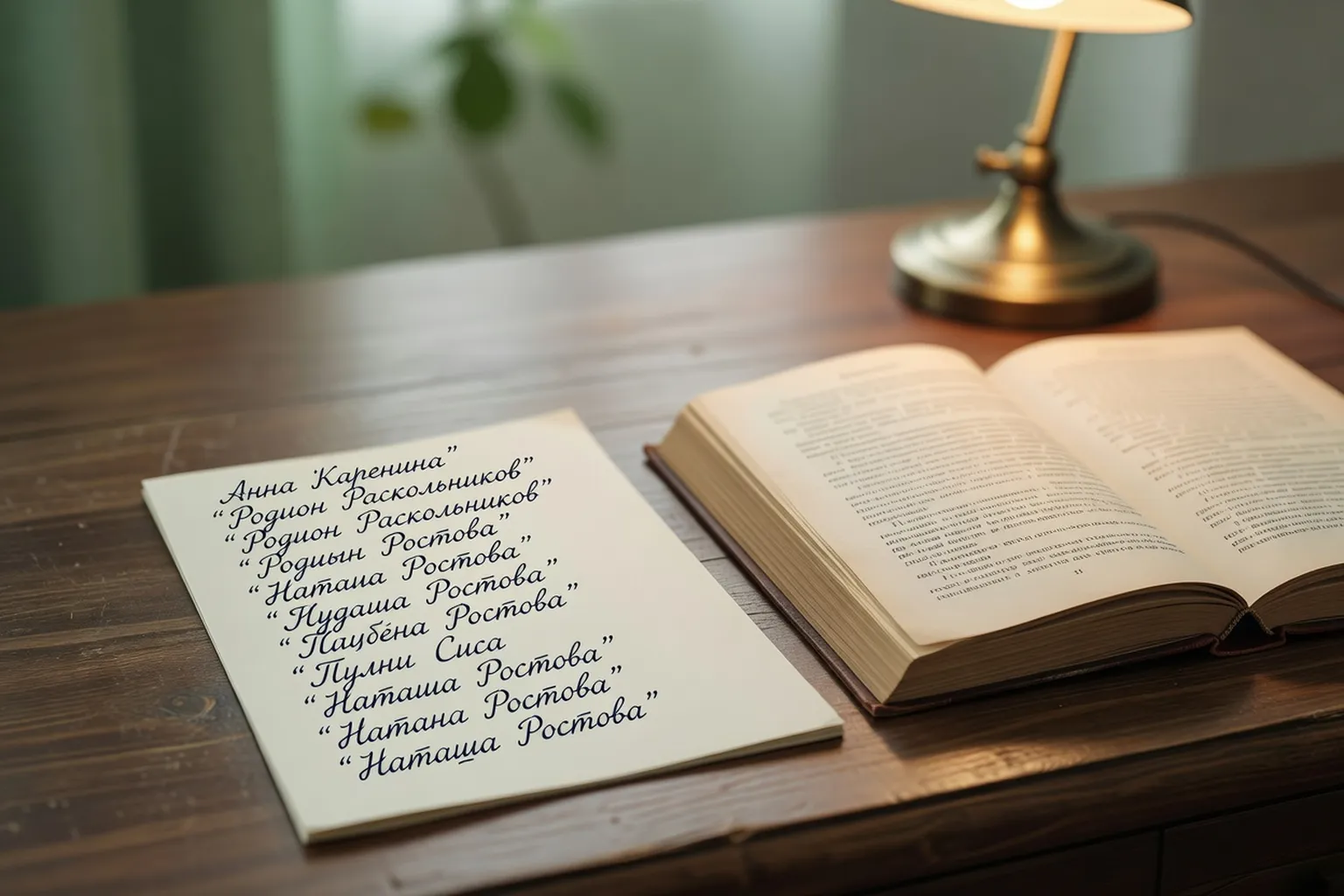 Une liste manuscrite de noms de personnages posée à côté d'un roman ouvert