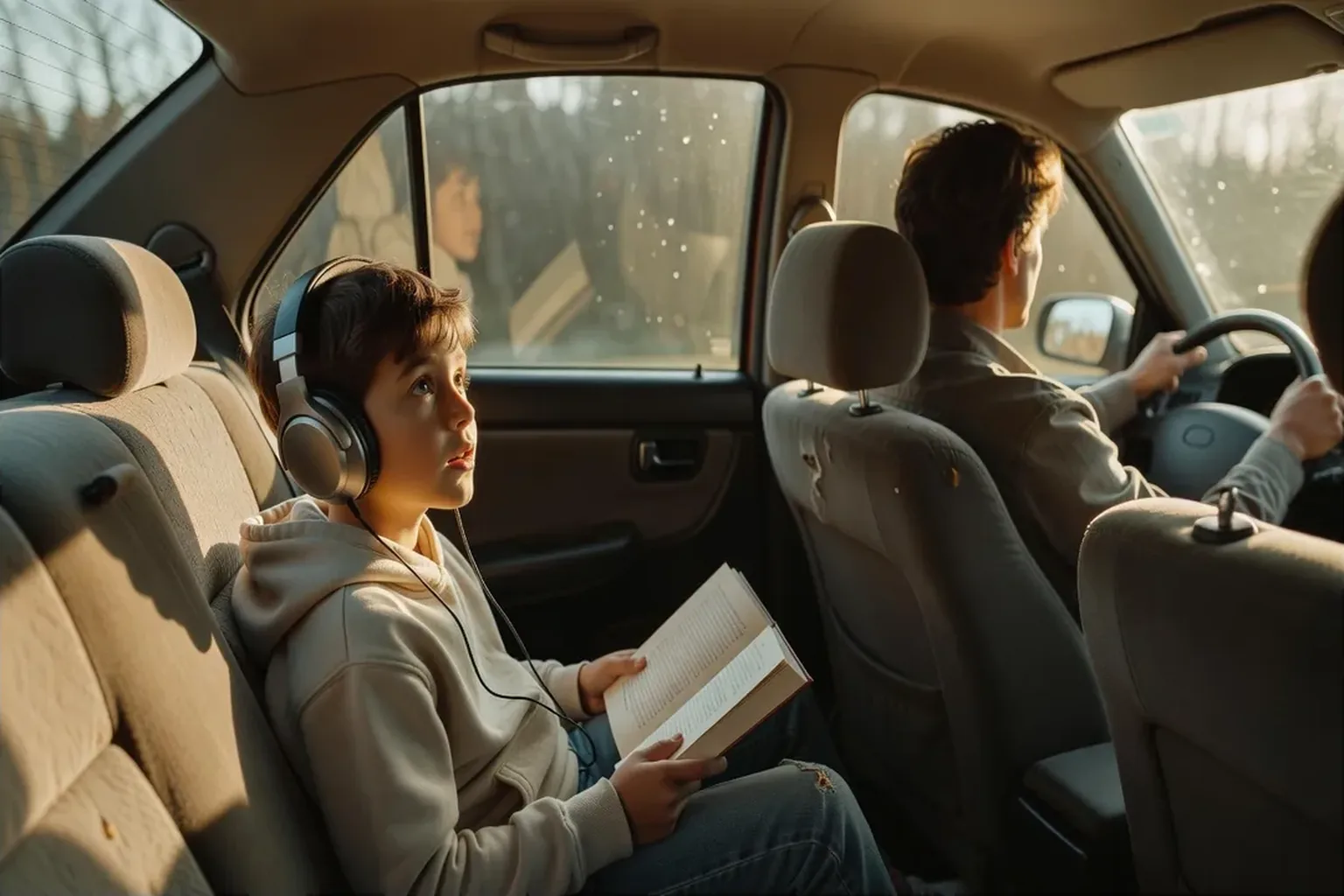 Un enfant d'environ huit ans écoutant un livre audio au casque sur la banquette arrière d'une voiture