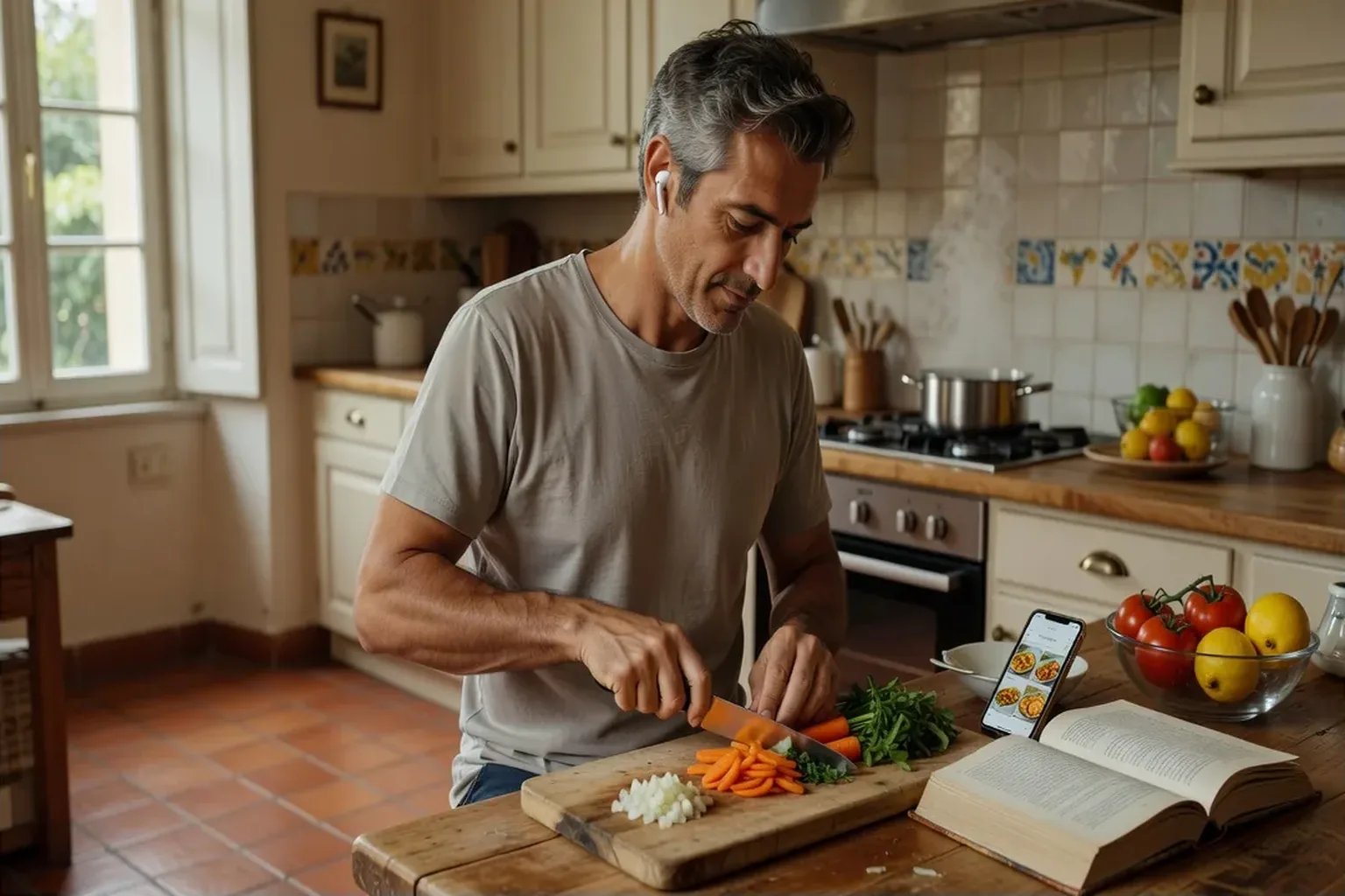 Un homme écoutant un livre audio à l'oreillette pendant qu'il prépare le dîner dans sa cuisine