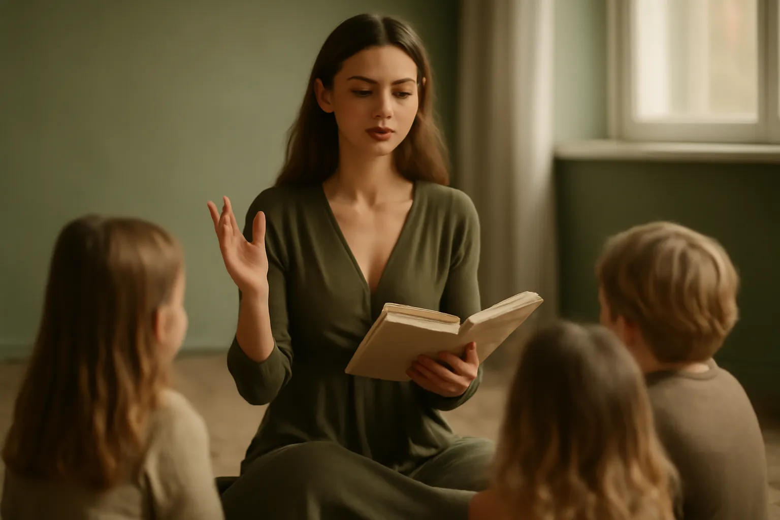 Une jeune femme lisant un poème avec des gestes expressifs à des enfants