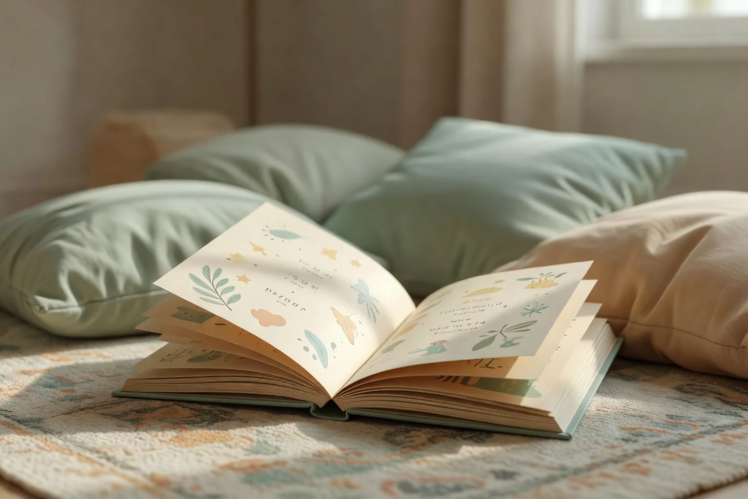 Un recueil de poésie jeunesse ouvert sur un tapis, entouré de coussins