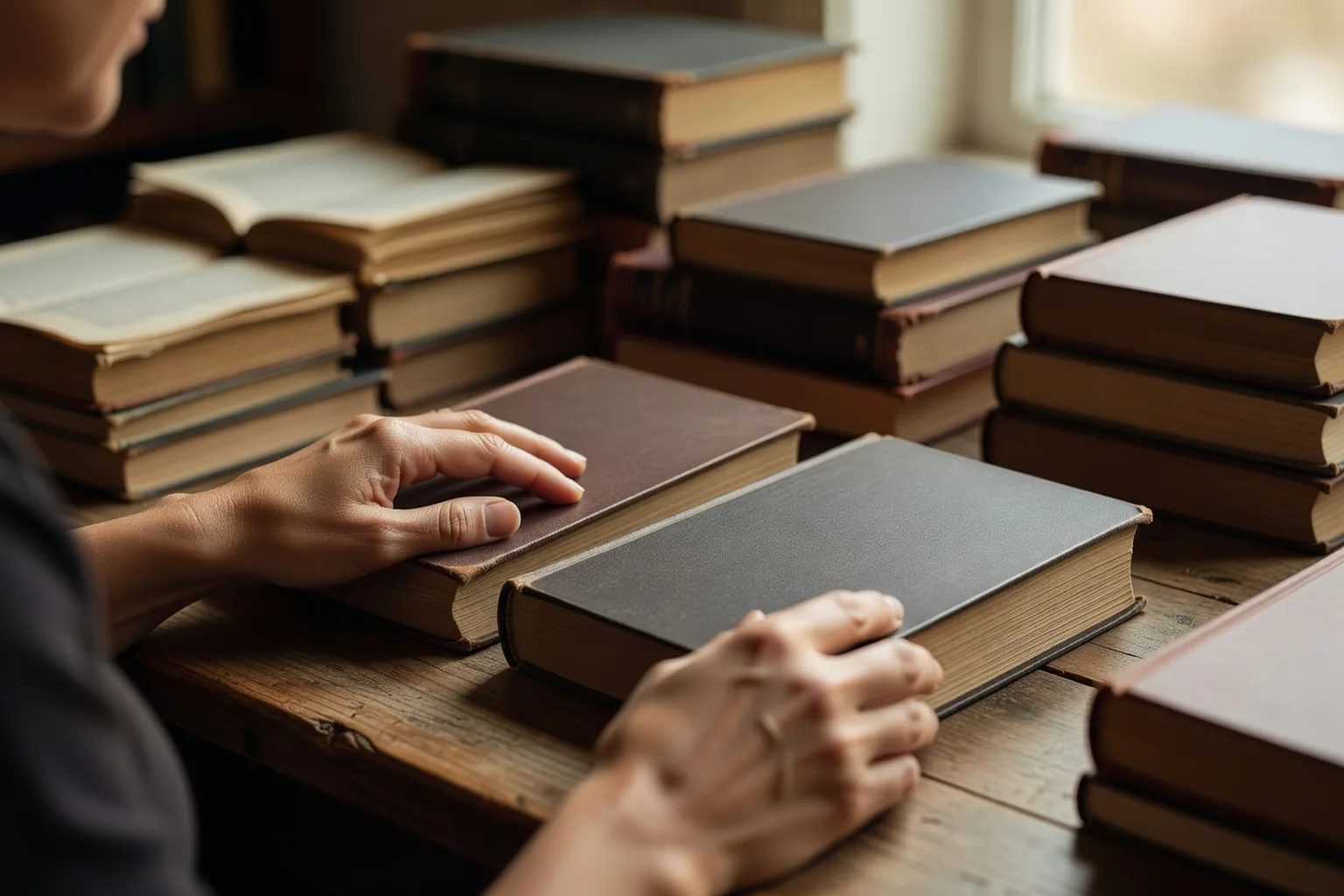 Une lectrice adulte comparant deux couvertures d'un même roman, l'une en langue originale et l'autre en traduction française