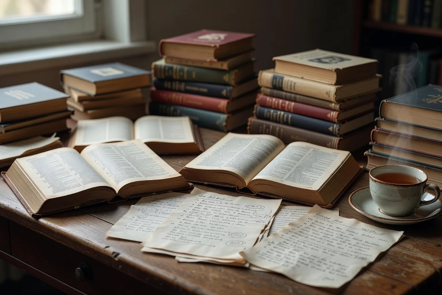 La table de travail d'un traducteur littéraire avec des dictionnaires, des éditions bilingues et des pages de manuscrit annotées