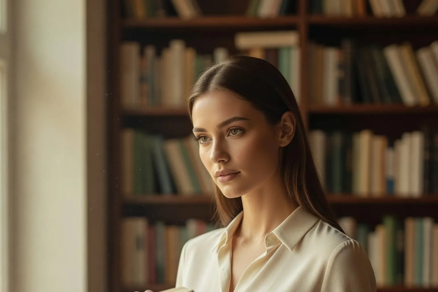Une lectrice examinant un roman ceint d'un bandeau en librairie