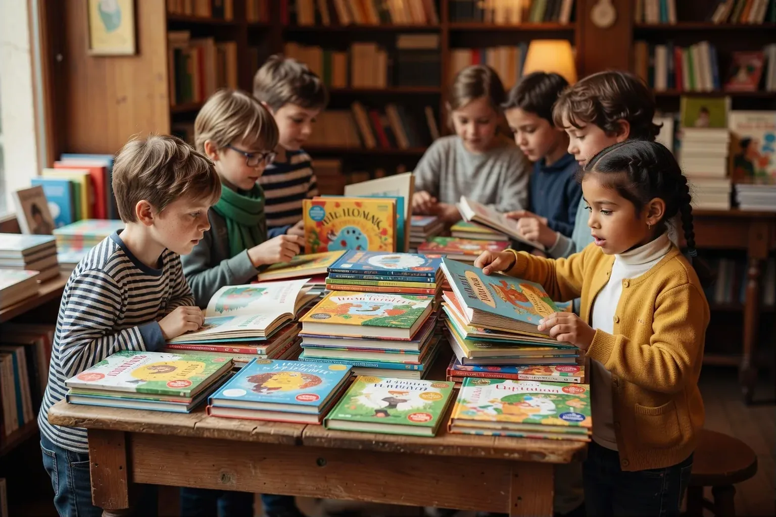 Des enfants autour d'une table de librairie présentant des romans jeunesse ornés de petites médailles