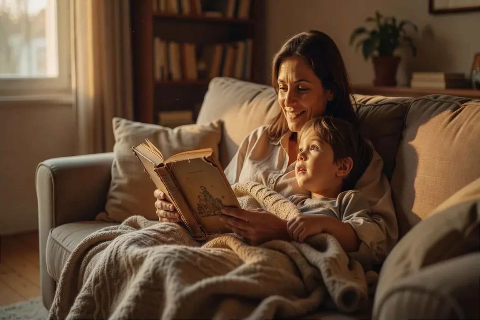 Un parent lisant à voix haute un vieux classique jeunesse à son enfant, tous deux blottis sous un plaid