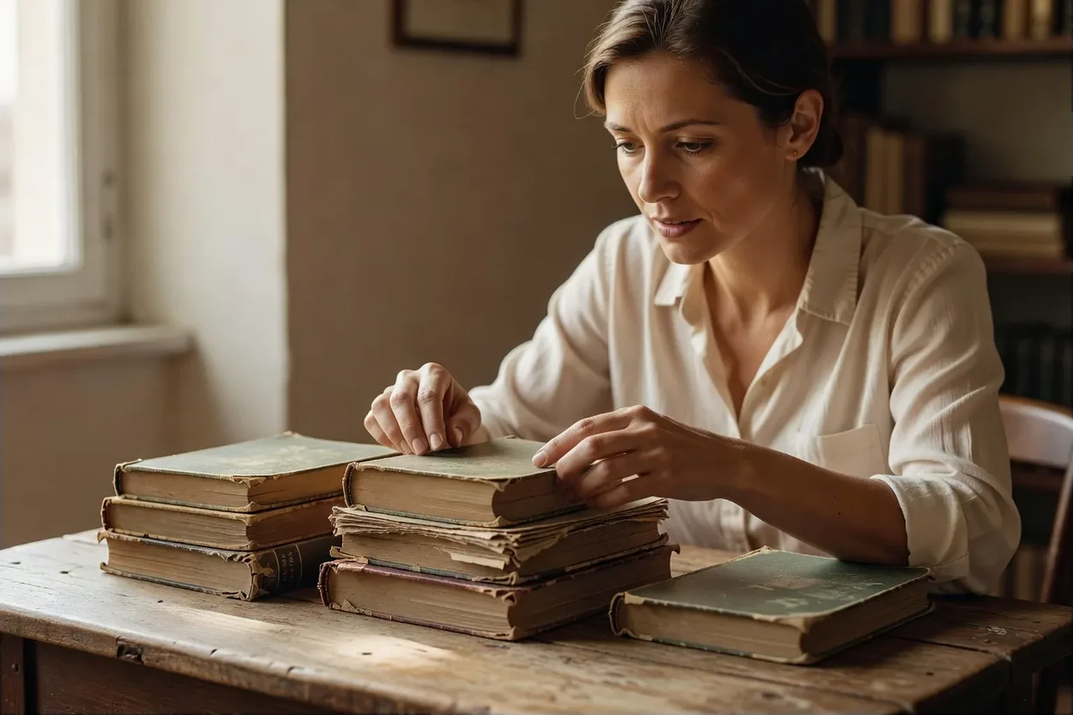Une femme rangeant une petite pile de livres d'enfance aux couvertures usées sur une table en bois