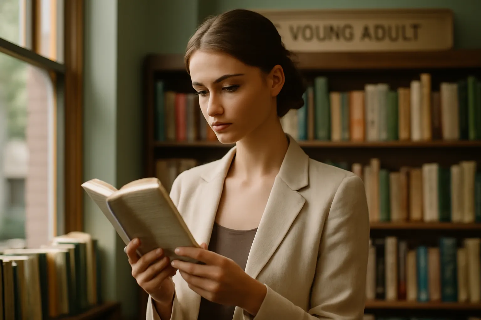 Une jeune femme parcourant le rayon adolescents d'une librairie