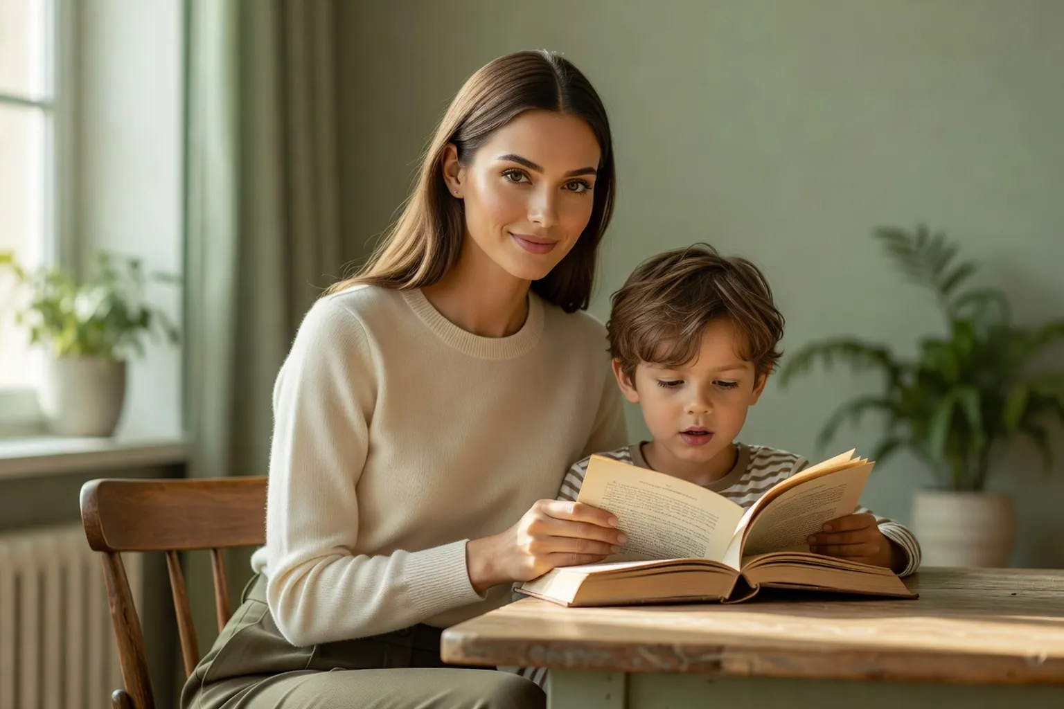 Une jeune femme écoutant un enfant lire un roman à voix haute