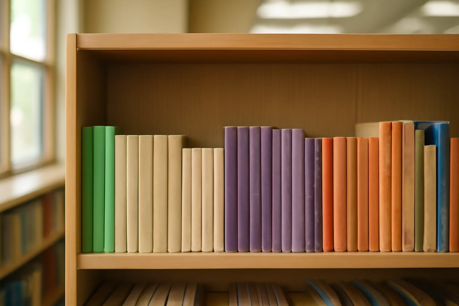 Une étagère de romans pour enfants classés par collection en bibliothèque