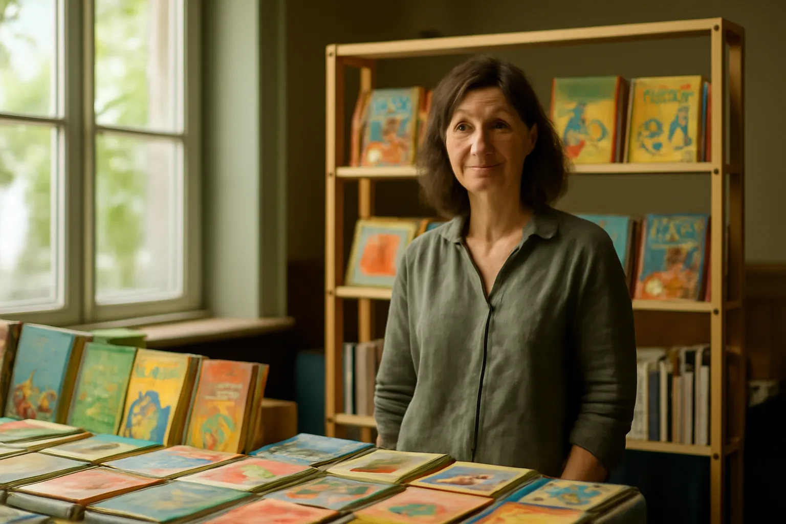 Le stand d'un petit éditeur jeunesse dans un salon du livre
