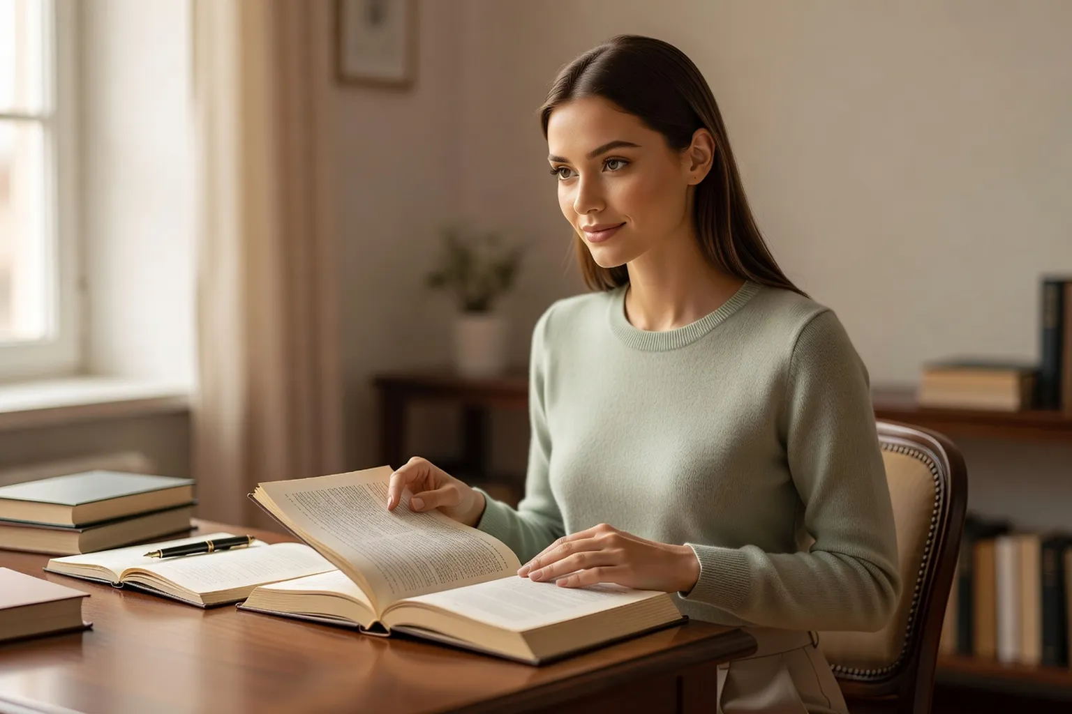 Une femme comparant deux traductions d'un même roman à son bureau