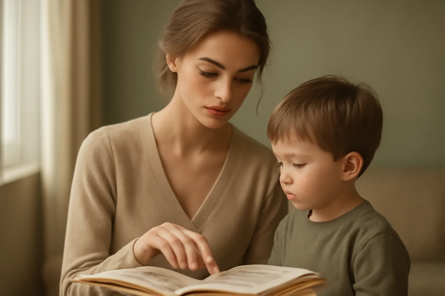 Une jeune femme montrant du doigt une illustration d'album à un enfant attentif
