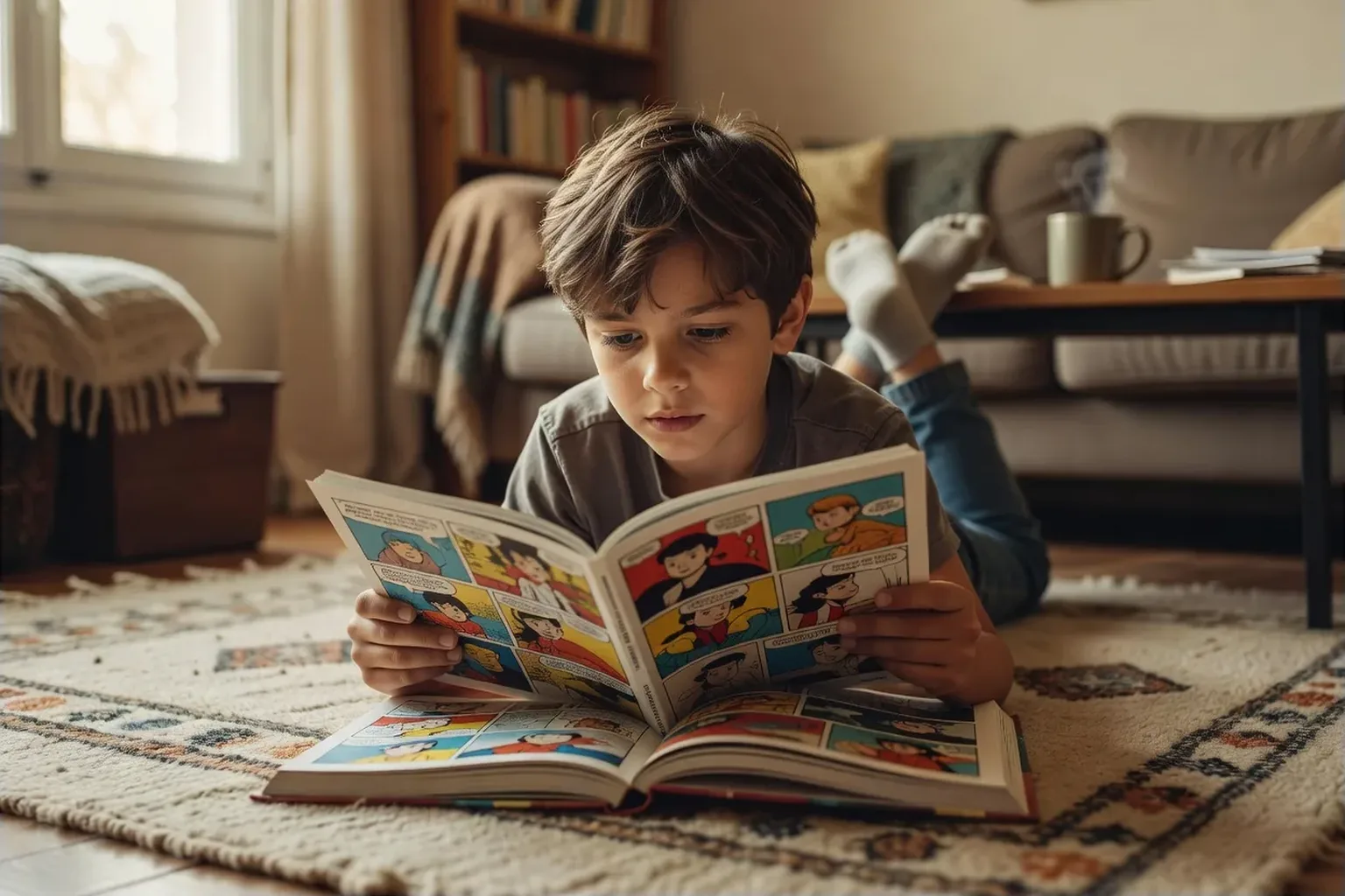 Un enfant d'environ neuf ans allongé sur un tapis, absorbé par la lecture d'une bande dessinée
