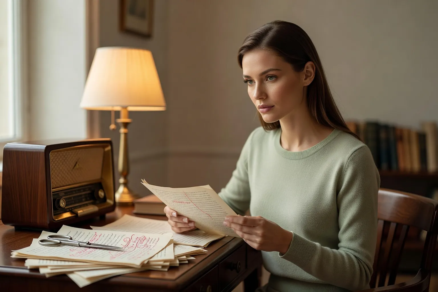 Une lectrice à sa table de travail, devant des pages de manuscrit annotées au crayon rouge