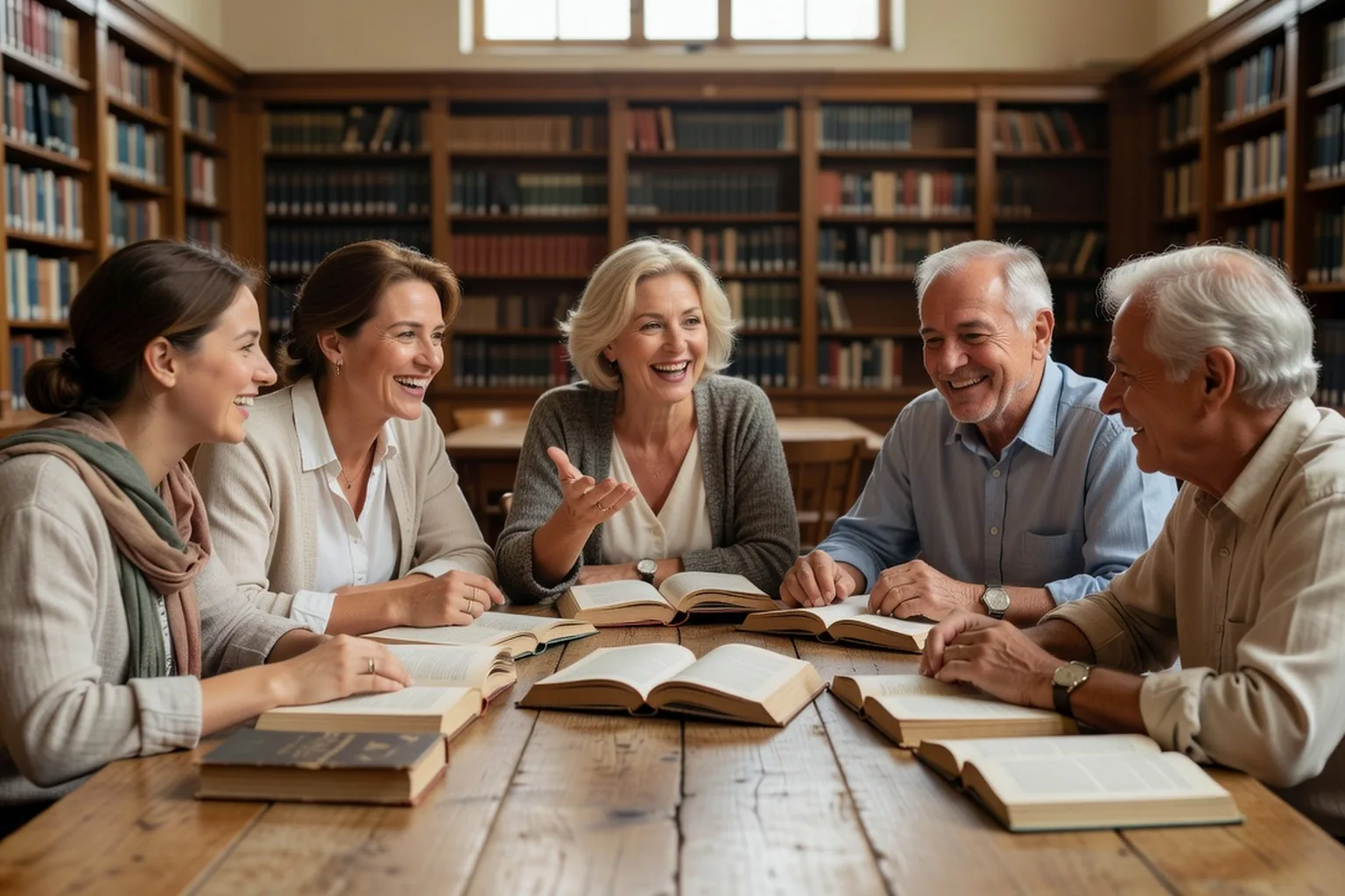 Un cercle de lecteurs adultes de générations différentes discutant autour d'une table, des livres ouverts devant eux