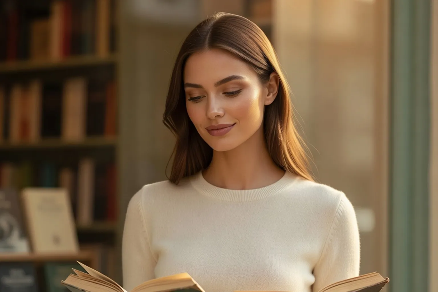 Une jeune femme tenant un livre de poche devant un présentoir de librairie