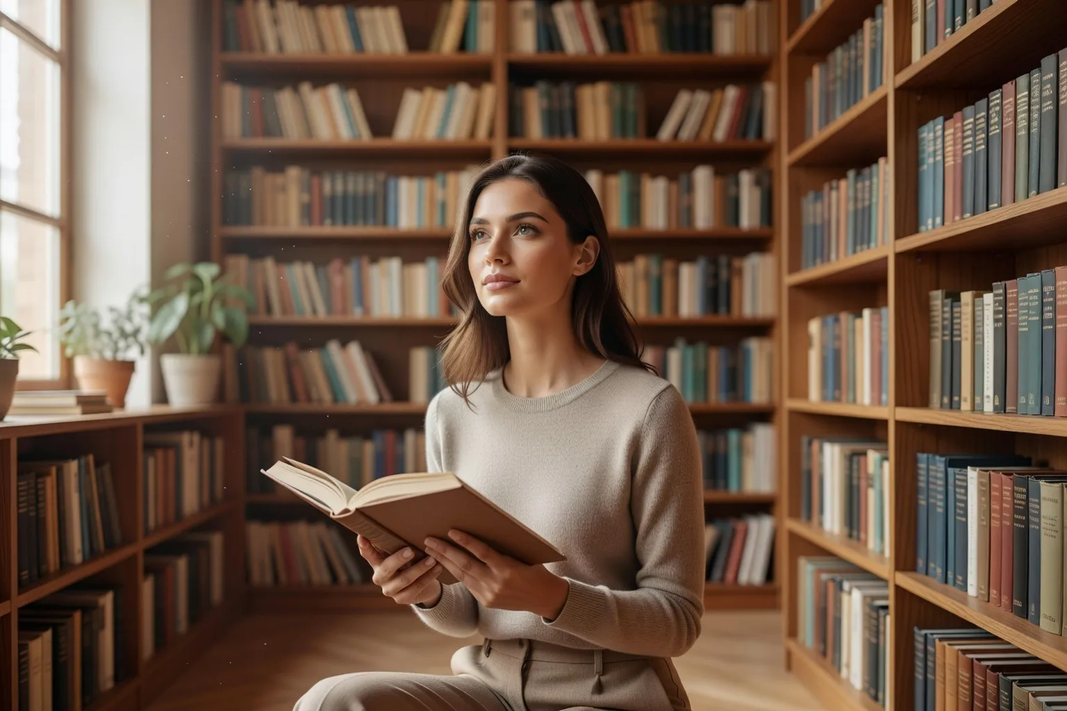 Une lectrice souriante dans une bibliothèque lumineuse, un livre ouvert entre les mains