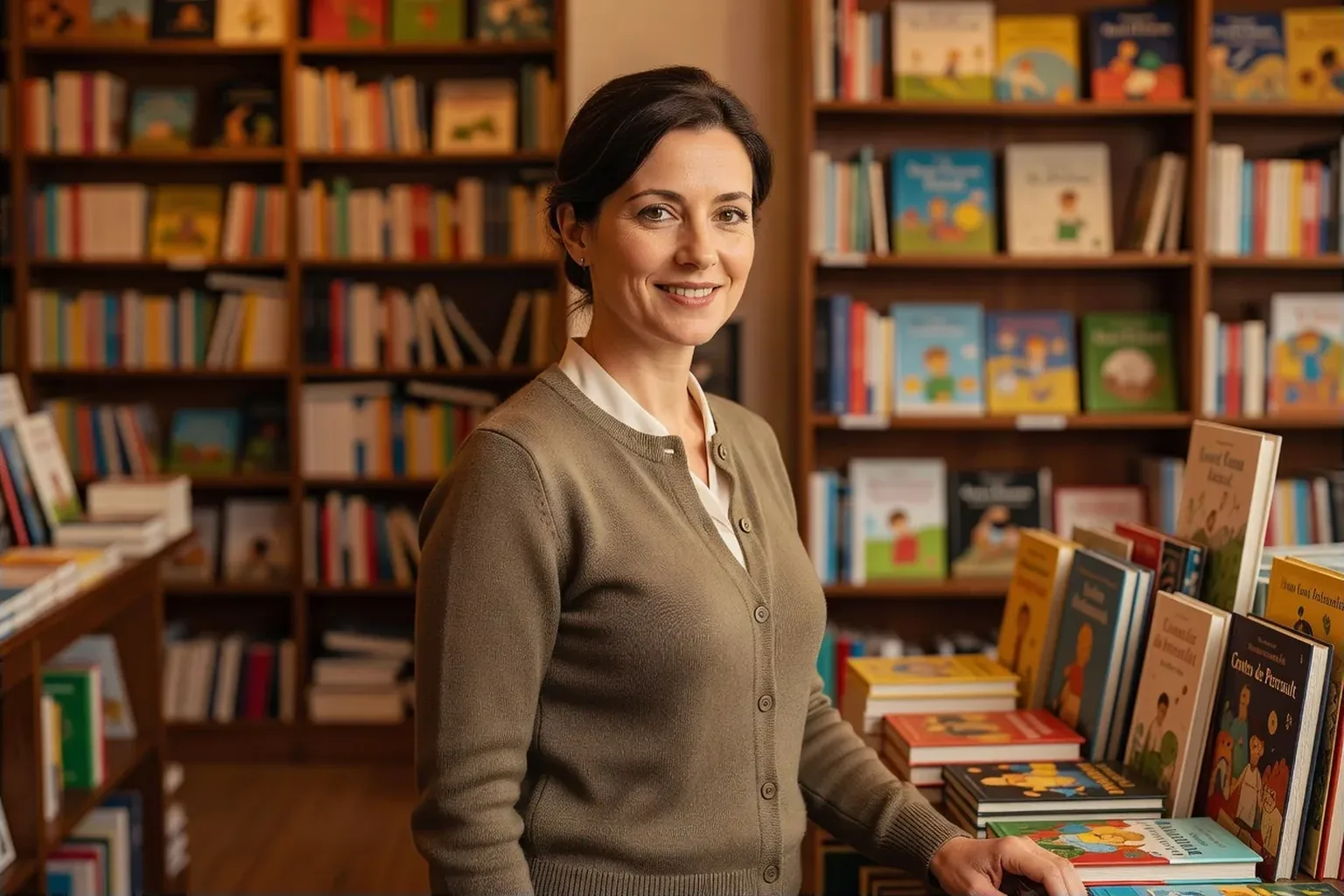Nadia Berrada, libraire jeunesse, souriante au milieu des rayonnages de sa librairie