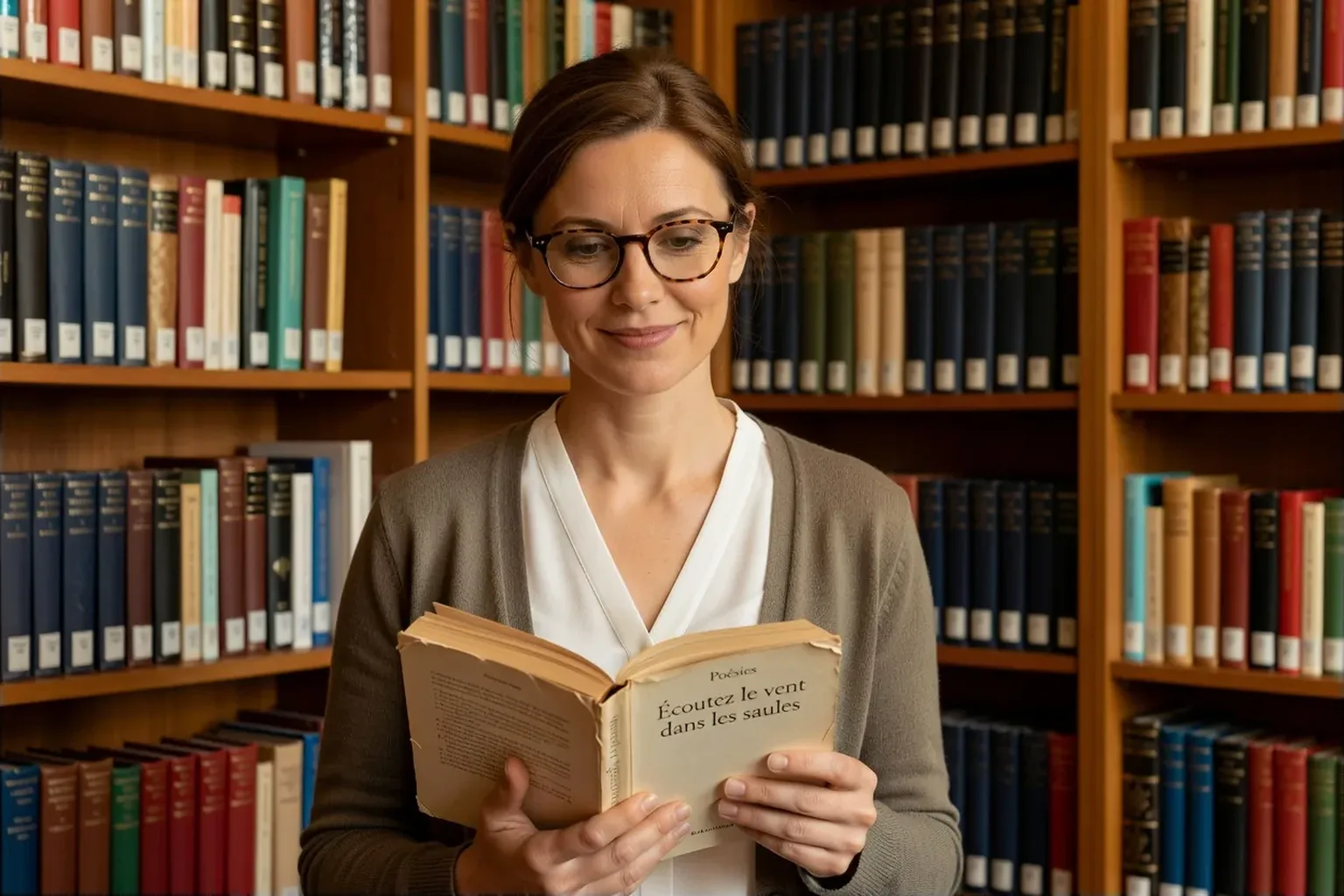 Marion Delcourt, professeure de lettres, un recueil de poésie ouvert à la main devant une bibliothèque