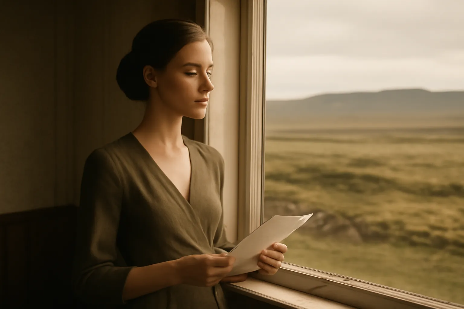 Une femme lisant une lettre devant la fenêtre d'une ferme, face à un paysage islandais